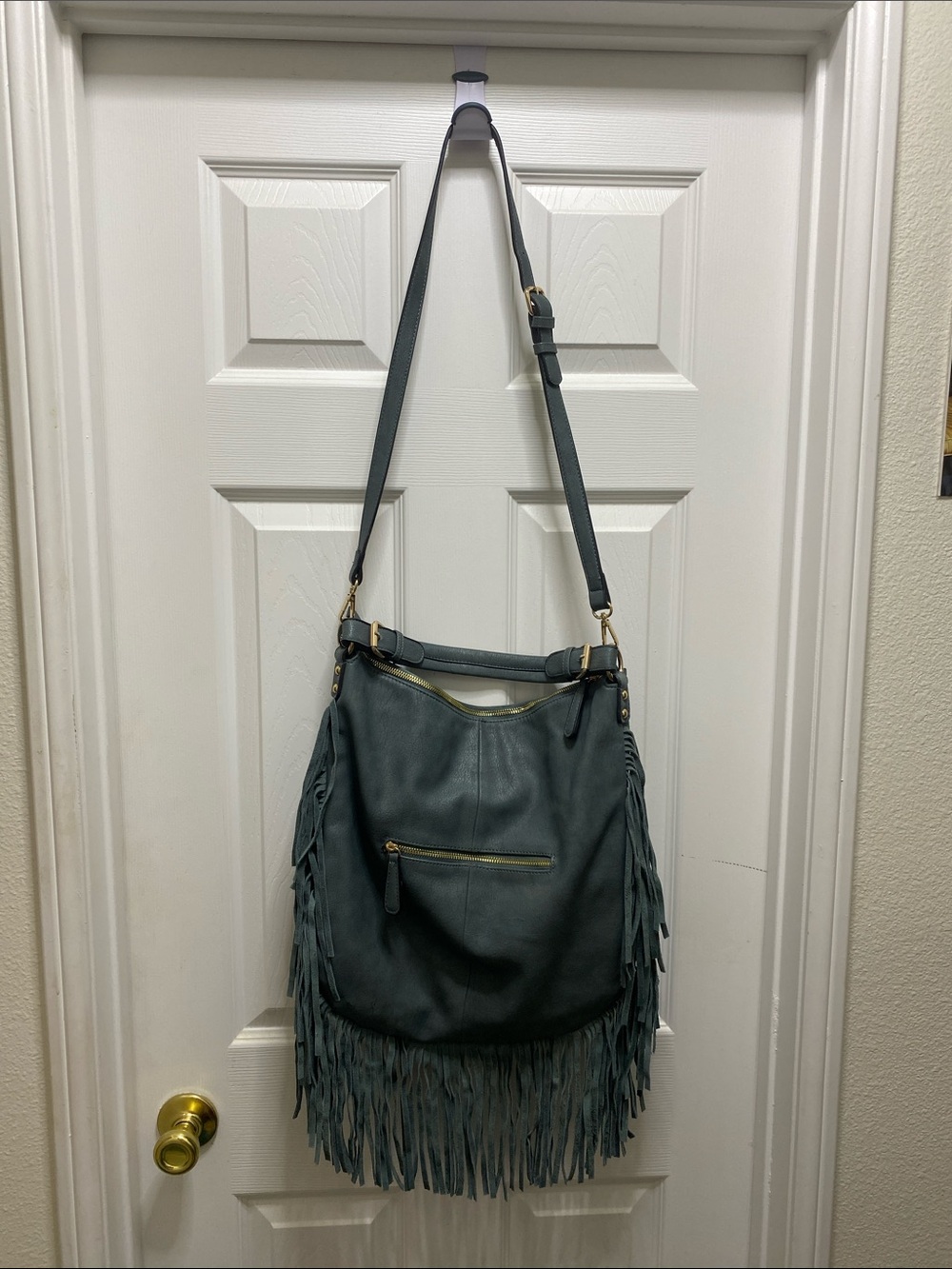 Moda Luxe Teal Fringe Leather Shoulder Hobo